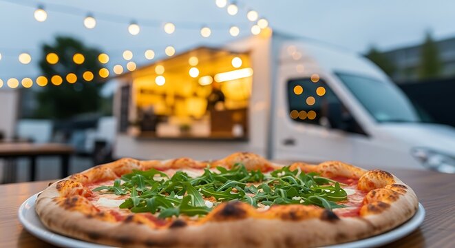 Delicious freshly baked pizza with arugula served outdoors near a food truck at dusk