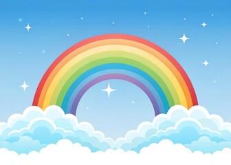 Vibrant rainbow arching over fluffy white clouds against a bright blue sky with sparkling stars