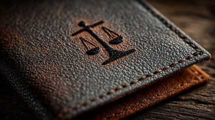 Elegant leather wallet with justice scales embossed conveys trust and integrity for legal or financial services marketing showcasing professionalism and timeless design
