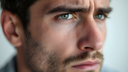 Obraz premium Realistic Sad Man Portrait on White Background Emotional Isolated Male Expression Photography.