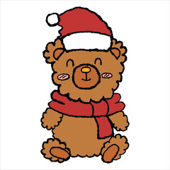 A hand-drawn and colored brown bear celebrating Christmas