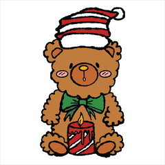 A hand-drawn and colored brown bear celebrating Christmas
