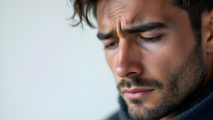 Obraz premium Realistic Sad Man Portrait on White Background Emotional Isolated Male Expression Photography.