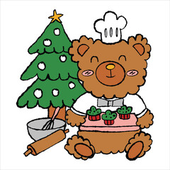 A hand-drawn and colored brown bear celebrating Christmas