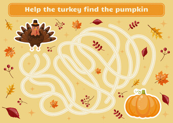 Maze game for kids. Cute labyrinth with Thanksgiving theme. Help the turkey find the pumpkin.Educational activity worksheet.Illustration for kids books and workbooks.Logical quest for children.Vector 