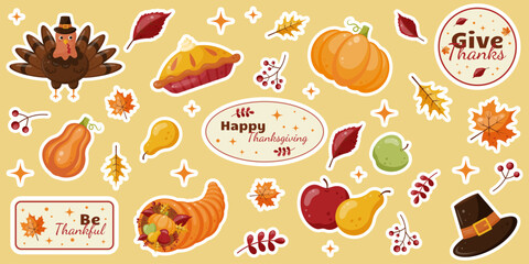 Thankgiving Day sticker pack isolated on orange backgrond. Collection of stickers with turkey, harvest, foliage and thematic inscriptions. Thankgiving elements. Fall season.Vector illustration.
