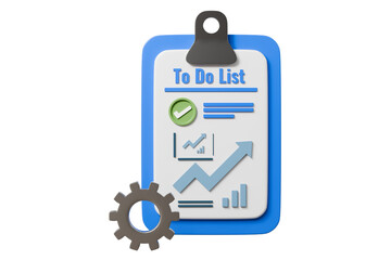 3d to do list clipboard with gears icon. task automation productivity concept. Minimal cartoon checklist planner gear for app banner. isolated on white background. 3d render.