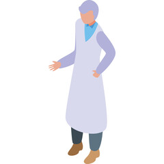 Isometric illustration of a person wearing a light purple lab coat and blue collared shirt with dark grey pants and brown shoes against a transparent background