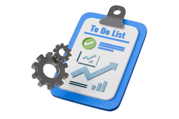 3d to do list clipboard with gears icon. task automation productivity concept. Minimal cartoon checklist planner gear for app banner. isolated on white background. 3d render.