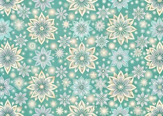 Seamless pattern of delicate teal and white snowflakes and stars with a subtle sparkle