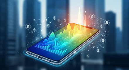 Abstract mobile phone and growth chart on smartphone screen. Stock market and finance concepts. Low poly wireframe vector illustration in futuristic light blue style on a technology background.