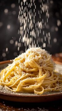 Close-up of spaghetti with cheese being sprinkled on top, creating a delicious Italian food moment. Ideal for restaurant promotion, recipe content and culinary brand visuals.