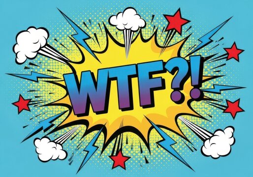 Explosive comic book style wtf question mark speech bubble isolated on white background