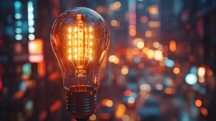 Glowing Vintage Bulb 3D Render, City Night Background