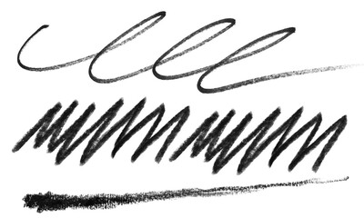 Set of Hand Drawn Black Graphite Pencil or Charcoal Scribbles, Zigzag, and Continuous Spiral Lines on White Paper Texture