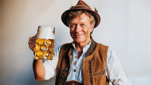 Smiling man in traditional Bavarian outfit raises a brimming beer stein indoors, warm wood and lights behind - a celebratory Oktoberfest moment ready for festival ads, travel reels and brewery brandin