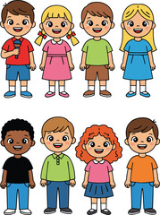Cute diverse children cartoon set, smiling kids, multicultural boys and girls, school characters, happy students clipart, education illustration