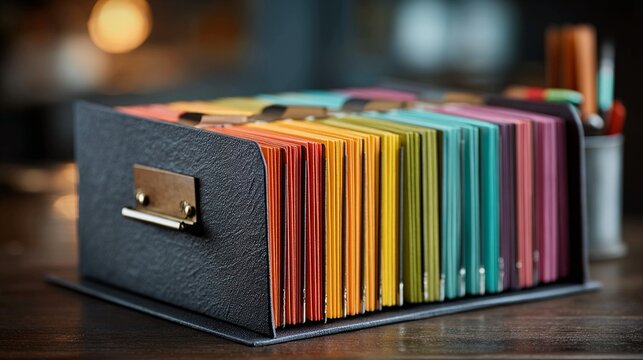 Organized vibrant files in a modern desk organizer creating an inspiring and efficient workspace for productive business operations and creative projects.