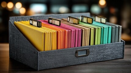 Organize your life with vibrant, colorful files neatly arranged in a modern desk organizer, bringing order and efficiency to any workspace with a touch of style.