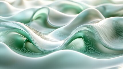 Obraz premium Abstract digital illustration of flowing waves in soft green and white hues, creating a serene and calming atmosphere, ideal for backgrounds or design projects with copy space