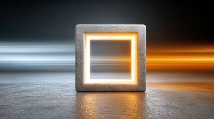 A glowing square frame sits against a dark background, with smooth beams of light in contrasting colors creating a dynamic atmosphere, Ideal for technology, modern design, or abstract art projects,