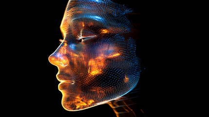 Abstract 3D Wireframe Face Mesh, Glowing Energy