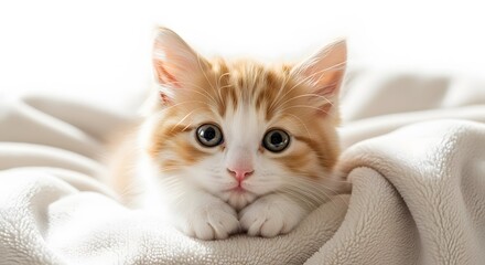 Portrait of a fluffy red kitten lying on a blanket with a white background