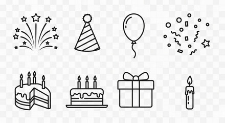 Illustration of birthday party elements including cake gifts and decorations in a line art style created with generated ai