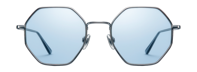 Hexagonal blue-tinted glasses with sleek silver frames.