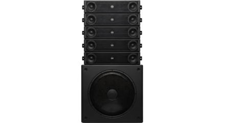 Stack of black line array speakers with a subwoofer isolated on transparent background