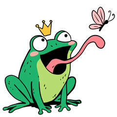 Frog with crown sticking out tongue at butterfly. Childlike animal drawing. Funny amphibian character on transparent background.