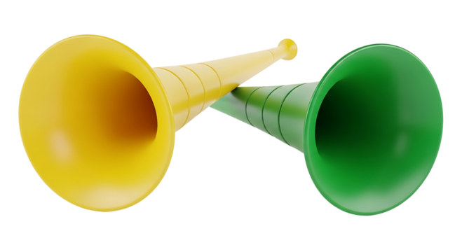 Two vuvuzelas, one yellow and one green, isolated on transparent background