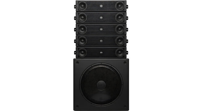 Stack of black line array speakers with a subwoofer isolated on transparent background