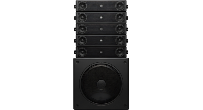 Stack of black line array speakers with a subwoofer isolated on transparent background