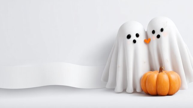 Adorable white sheet ghosts cuddle, a heart and pumpkin sit on a white surface