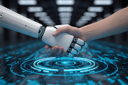 Close up of a human hand and a robotic arm shaking hands over a glowing futuristic digital interface representing technology and artificial intelligence collaboration