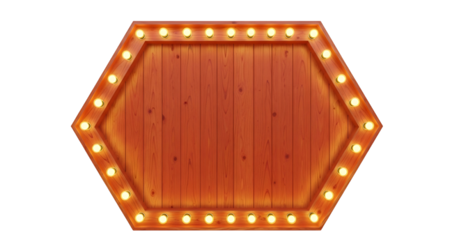 Vintage hexagonal marquee sign with illuminated bulbs isolated on transparent background