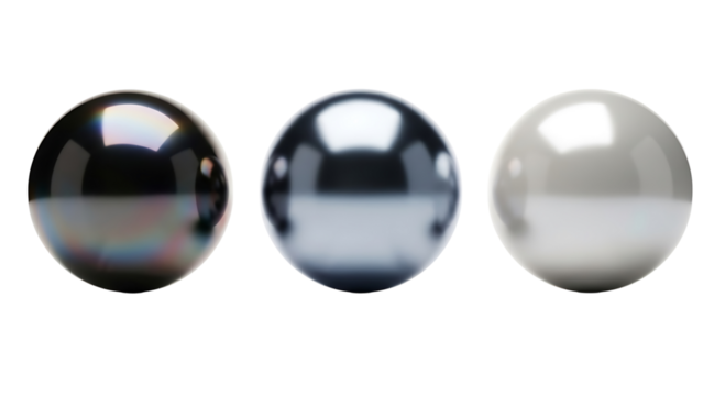 Three polished spheres in black, grey, and white isolated on transparent background - Powered by Adobe