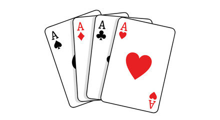 Illustration of a winning poker hand showing four aces fanned out. Vector graphic of all suits, hearts, clubs, spades, and diamonds, isolated on a white background