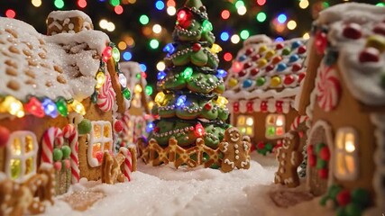 Whimsical gingerbread village dusted in snow, adorned with colorful christmas lights and candy canes, evoking a festive holiday spirit and sweet enchantment video - Powered by Adobe