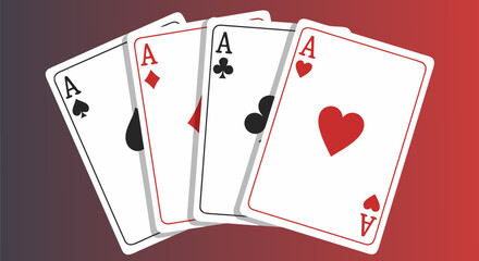 A winning hand of four aces from a deck of playing cards, showcasing spades, hearts, diamonds, and clubs in a flat vector design
