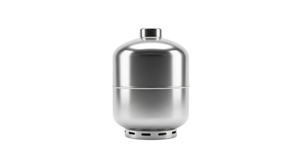 Polished silver metallic propane gas tank cylinder with a valve on top, isolated on transparent background