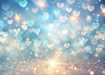 Dreamy bokeh hearts and stars with soft blue and golden light for romantic background