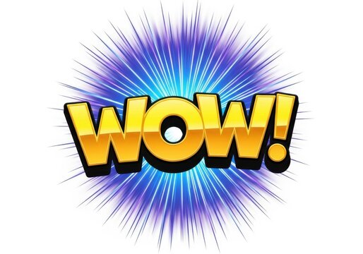 Explosive yellow wow text with blue starburst effect isolated on white background