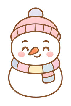 Kawaii snowman with scarf. cute snoman wearing pastel scarf and beanie, smiling expression.