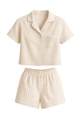 Obraz premium Short-sleeved cotton pajama set with gingham print shorts.