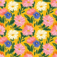 Bright Pop Art Print with Brush Strokes Background . Seamless Pattern with Flowers and Leaves