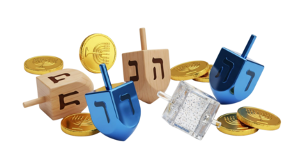 Colorful Dreidels and Gelt Coins for Hanukkah Celebration on png background