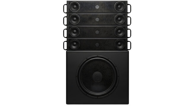 Professional black line array speaker system with subwoofer isolated on transparent background