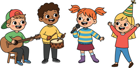 Kids band performing music at a birthday party, children singing, playing guitar and drums, joyful celebration, happy friends enjoying fun together